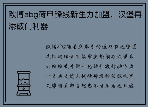 欧博abg荷甲锋线新生力加盟，汉堡再添破门利器